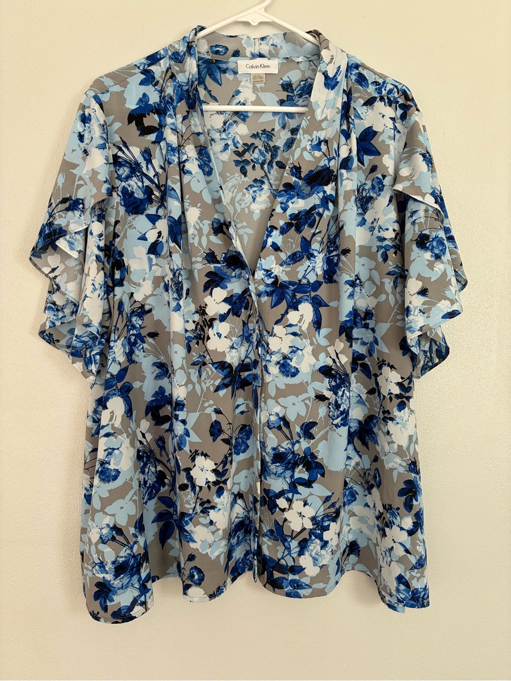Calvin Klein Blue & Gray Floral V neck Blouse